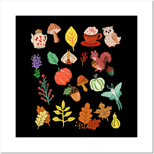 Fall Autumn Pattern Pumpkin, Mushroom, Leaves, Moths, Acorns Posters and Art